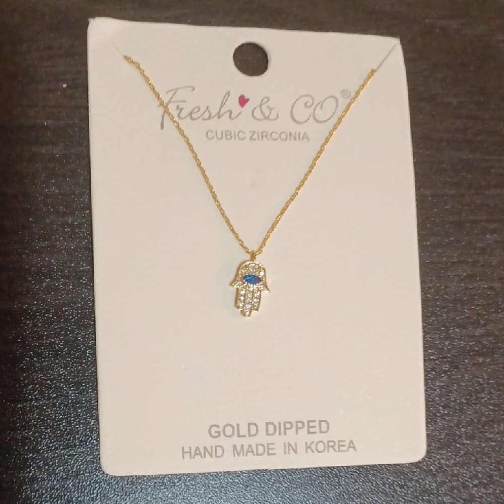 Gold Dipped Hamsa Necklace with Blue Zirconia